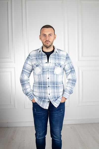 Sarar Cămașă de lumberjack cu buzunar dublu, în carouri, albastru și alb
