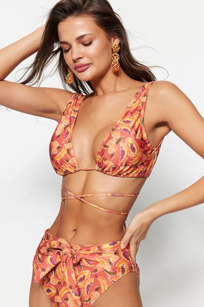 Trendyol Collection Tropical Patterned Triangle Tie Bikini Top ...