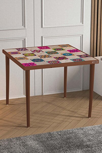 Resmo Traverten Taşlı Doğal Ağaç 62x62cm Ceviz Dekoratif Orta Sehpa