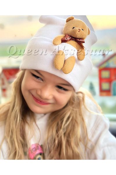 QUEEN AKSESUAR Trend Fashion Special Design with Large Plush Teddy Bear Adult Boy Girl Unisex Children's Cap White Hat