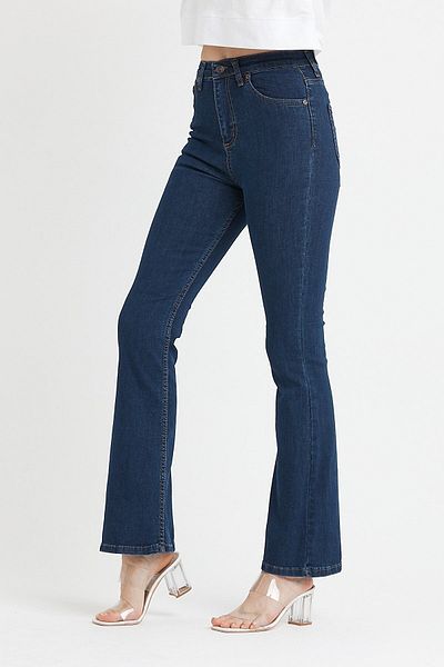 DRC trend Blugi de damă, albastru închis, cu picioare evazate, pantaloni din denim din lycra cu talie înaltă