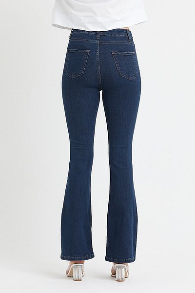 DRC trend Blugi de damă, albastru închis, cu picioare evazate, pantaloni din denim din lycra cu talie înaltă