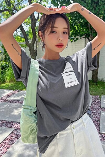 MODAGEN Women's Stone Gray Summer Printed Oversize T-shirt