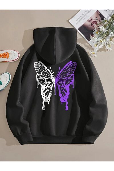 İsaac Women's Black Butterfly Printed Hooded Sweatshirt