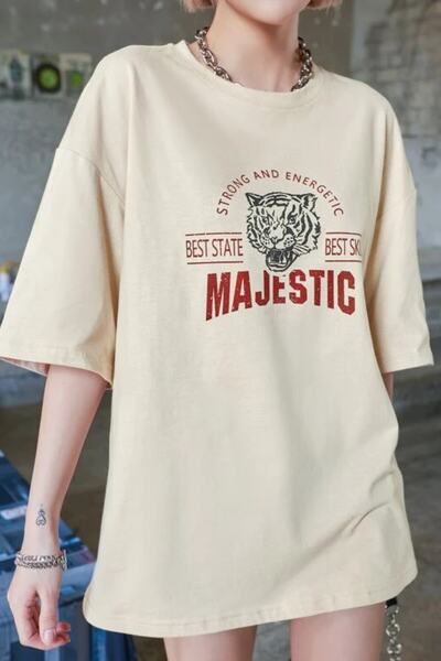 MODAGEN Women's Beige Majestic Printed Oversize T-shirt