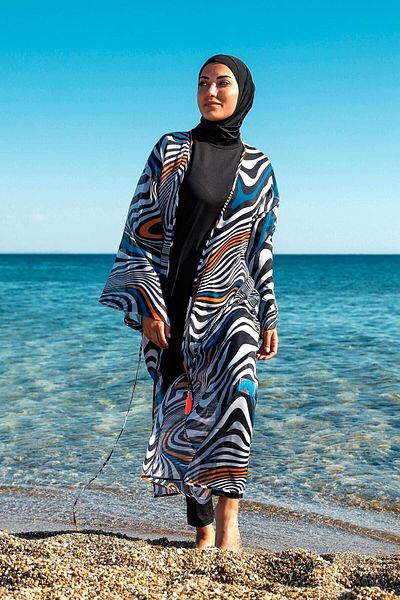 Marina Schwarzer, gestreift gemusterter Kimono-Pareo am Hijab-Badeanzug für Damen P2205