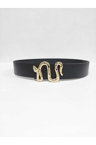 Kemerix 100% Genuine Leather Black Women's Belt with Snake Gold Buckle