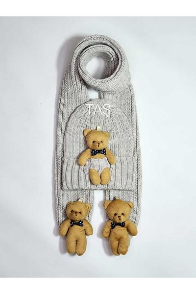 Meriç bebe Set de 2 eșarfe și căciuli pentru ursuleț de pluș împletit ultra flexibil unisex 0-24 luni piatră