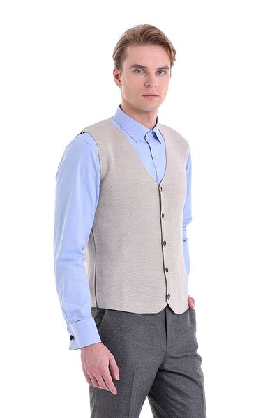 Hatemoğlu Beige Comfort Fit Plain V-Neck Woolen Classic Knitwear Vest