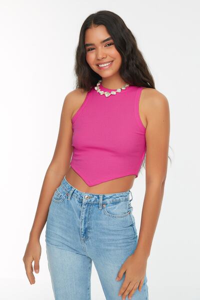 Trendyol Collection Rózsaszín aszimmetrikus Super Crop bordázott, rugalmas kötött felső TWOSS22AL0065