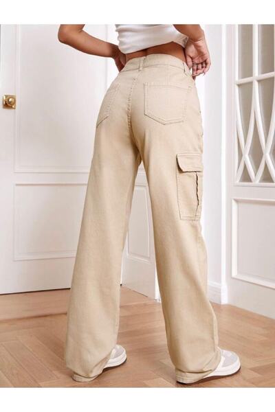 LAMİRA Wide Leg Cargo Pocket Palazzo Beige Denim Pantaloni Jean Talie Înaltă