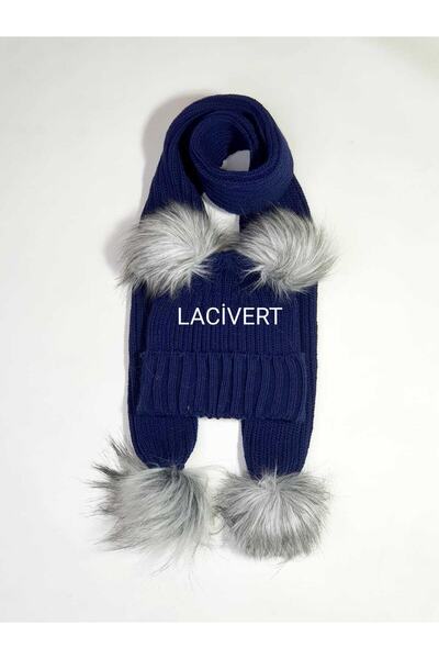 Meriç bebe Унісекс Екстра еластичний плетений шарф з помпонами та шапка, комплект з 2 предметів, 0-3 роки, темно-синій