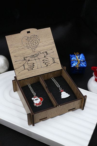 Dukkanka Set of 2 Santa Claus and Pine Winter Concept Couple Dear Best Metal Necklace Written in Gift Box