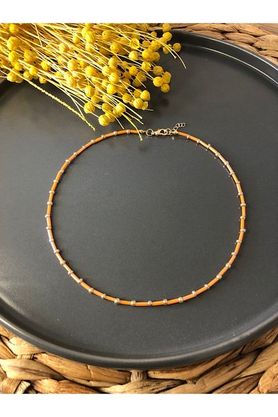 Stoneday Orange Gold Detailed Stick Design Bead Necklace