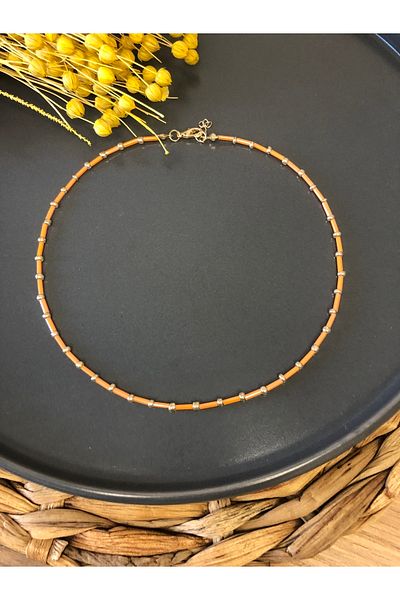 Stoneday Orange Gold Detailed Stick Design Bead Necklace
