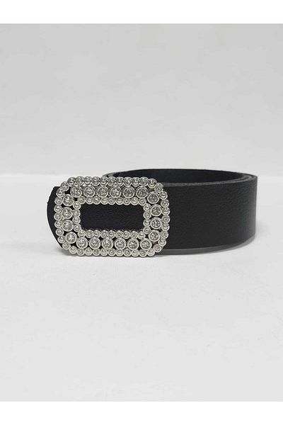 Kemerix 100% Genuine Leather Women's Black Belt with Stone and Silver Buckle