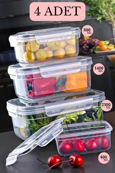 zezedesing Set of 4 Leak Proof Rectangular Embox Storage Container Transparent 400ml-800ml-1400ml-2300ml