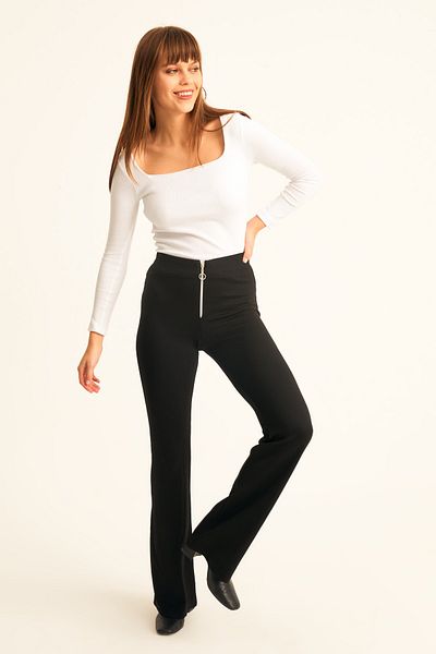 LACHT Women's Black High Waist Zipper Detailed Flare Leg Trousers