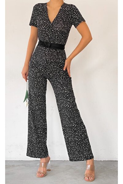 twomeey Kadın Desenli, Bol Paça Beli Kuşaklı Kruvaze Tulum