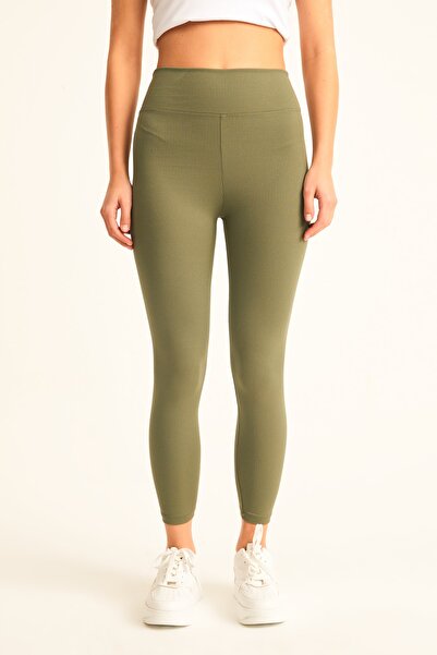 LACHT Γυναικείο κολάν με ραβδώσεις χακί εξαιρετικά ψηλόμεσο