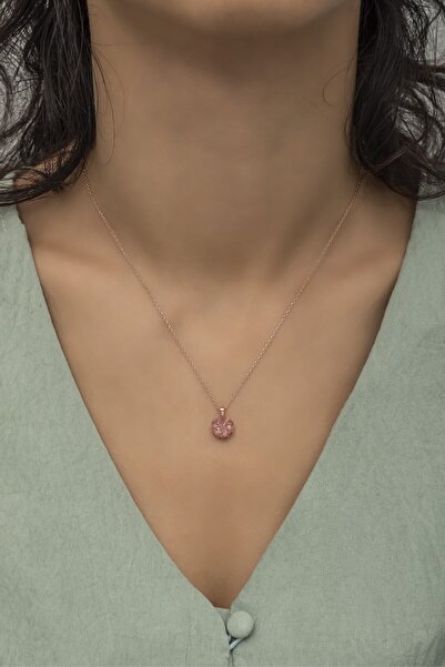 klas gümüş Pembe Taşlı Lotus Çiçeği Kolye-925 Ayar Gümüş