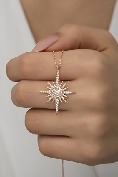 klas gümüş Kutup Yıldızı Rose Kolye-925 Ayar Gümüş