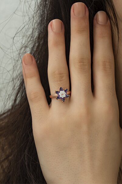 klas gümüş Ametist Taşlı Sedefli Lotus Çiçeği Yüzük 925 Ayar Gümüş