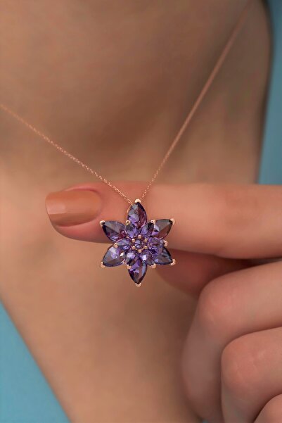 klas gümüş Ametist Taşlı Lotus Çiçeği Kolye 925 Ayar Gümüş