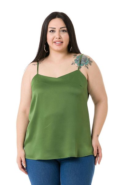 DISENTIS MODEST Plus Size Adjustable Thin Strap Satin Green Blouse