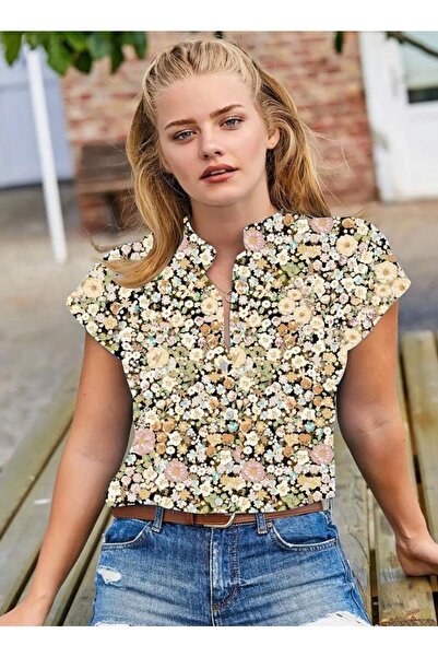 twomeey Cămașă de damă cu imprimeu floral, din țesătură Moskrep, cu guler îna...