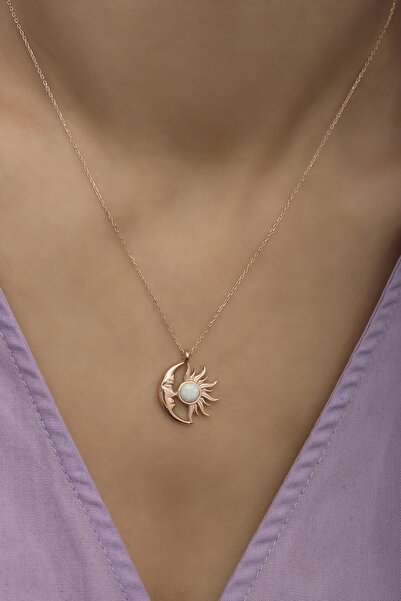 klas gümüş Opal Beyaz Taşlı Ay Ve Güneş Kolye-925 Ayar Gümüş