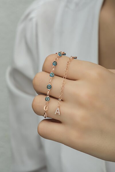 klas gümüş Açık Mavi Nazar Boncuklu Ve Harfli Bileklik-925 Ayar Gümüş