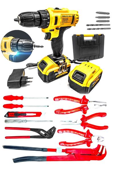 MOONSHOP 36 Matkap Watt Çift Batarya Maşalı Anahtar Fort Pense Tornavida Takı...