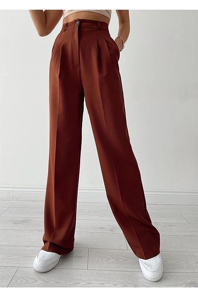 Laleli Butik Shla Women's Pleated Brown Fabric Palazzo Trousers