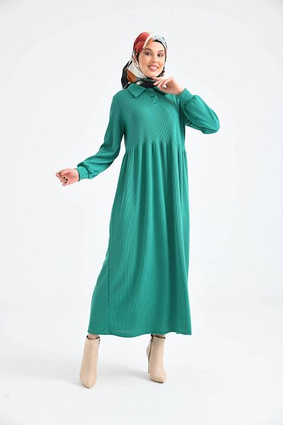 VOLT CLOTHİNG Women's Buttoned Shirt Collar Balloon Sleeve Hijab Dress