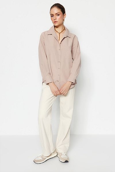 Trendyol Collection Stone Single Pocket Boyfriend/Wide Fit pamut szőtt ing TWOAW20GO0115