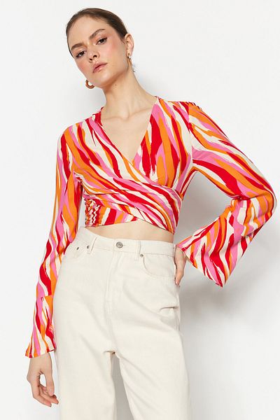 Trendyol Collection Multicolored Crop Woven Viscose Geometric Patterned Blouse TWOSS23BZ00294