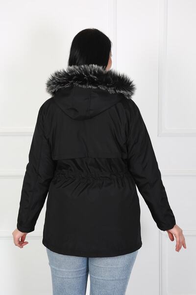 By Alba Collection Women's Black Zipper Detail Water Repellent Bondit Fabric Large Size Coat