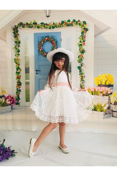 Mixie White Girl's Hat Laced Lace Dress Special Occasion Birthday Dress