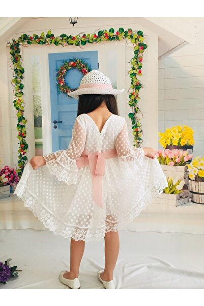 Mixie Λευκό κοριτσίστικο φόρεμα με δαντέλα με καπέλο φόρεμα γενεθλίων ειδικής περίστασης