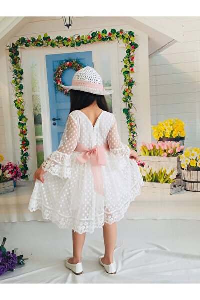Mixie Λευκό κοριτσίστικο φόρεμα με δαντέλα με καπέλο φόρεμα γενεθλίων ειδικής περίστασης