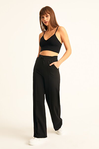 LACHT Women's Black Wide Leg High Waist Turtleneck Sweatpants