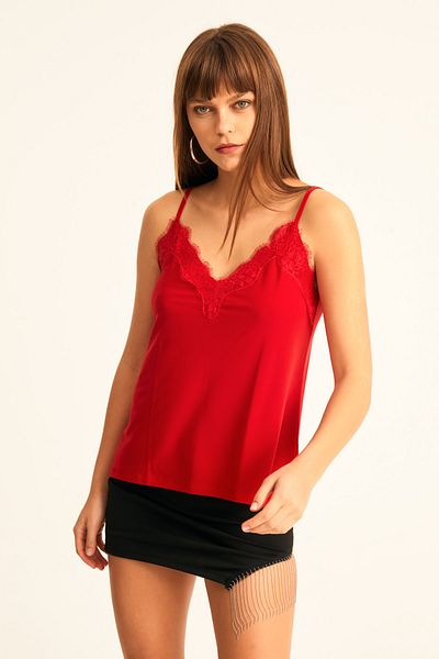 LACHT Women's Red Lace Detailed Rope Strap Blouse