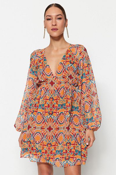 Trendyol Collection Orangefarbenes, ethnisch gemustertes A-Linien-Kleid mit Bindeband und Mini-Futter aus gewebtem Chiffon TWOSS23EL00519