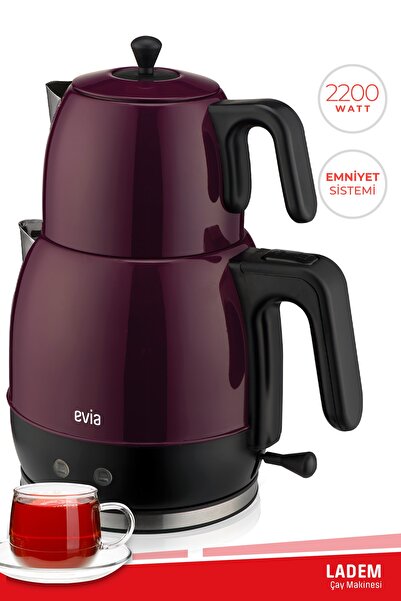 Evia Ladem Mor 30 Bardaklık Geniş Kapasiteli 2200 Watt Paslanmaz Çelik Çay Ma...