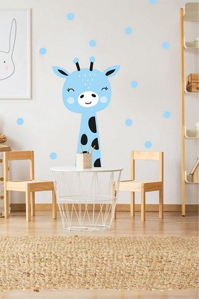 Piksel Grafik Autocolant pentru cameră pentru copii cu model girafe albastre