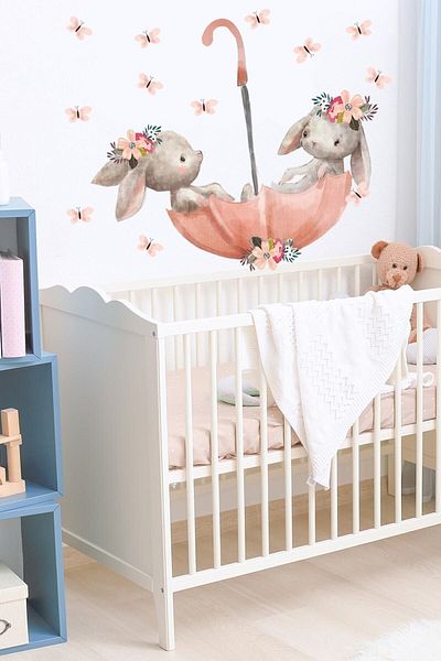 Piksel Grafik Cute Rabbits with Pink Umbrella Wall Sticker Set