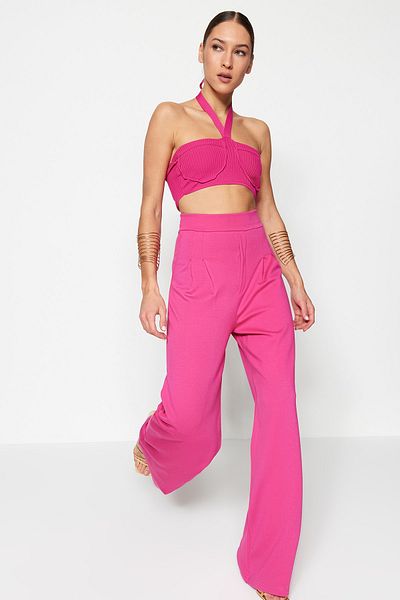 Trendyol Collection Fuchsiová široká noha/uvolněný střih s vysokým pasem, plisované pletené kalhoty TWOSS23PL00084