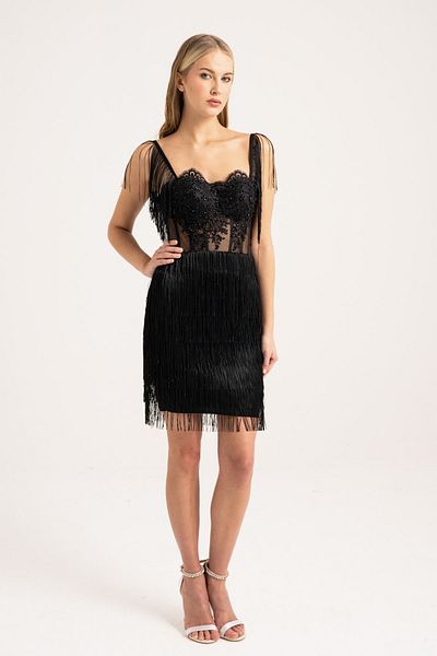 Lenta Moda Black Tassel Skirt Detailed Mini Evening Dress/Evening Dress