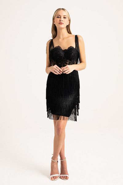 Lenta Moda Black Tassel Skirt Detailed Mini Evening Dress/Evening Dress